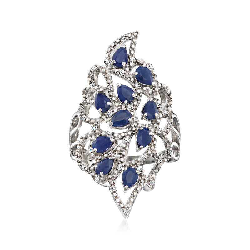 Sterling silver cluster ring with oval blue sapphire stones and diamond accents