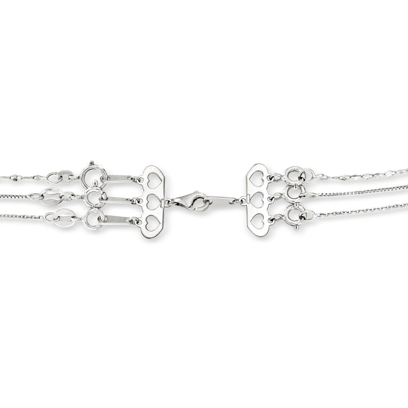 Italian 14kt white gold layering clasp, side view with heart plates and chain extenders