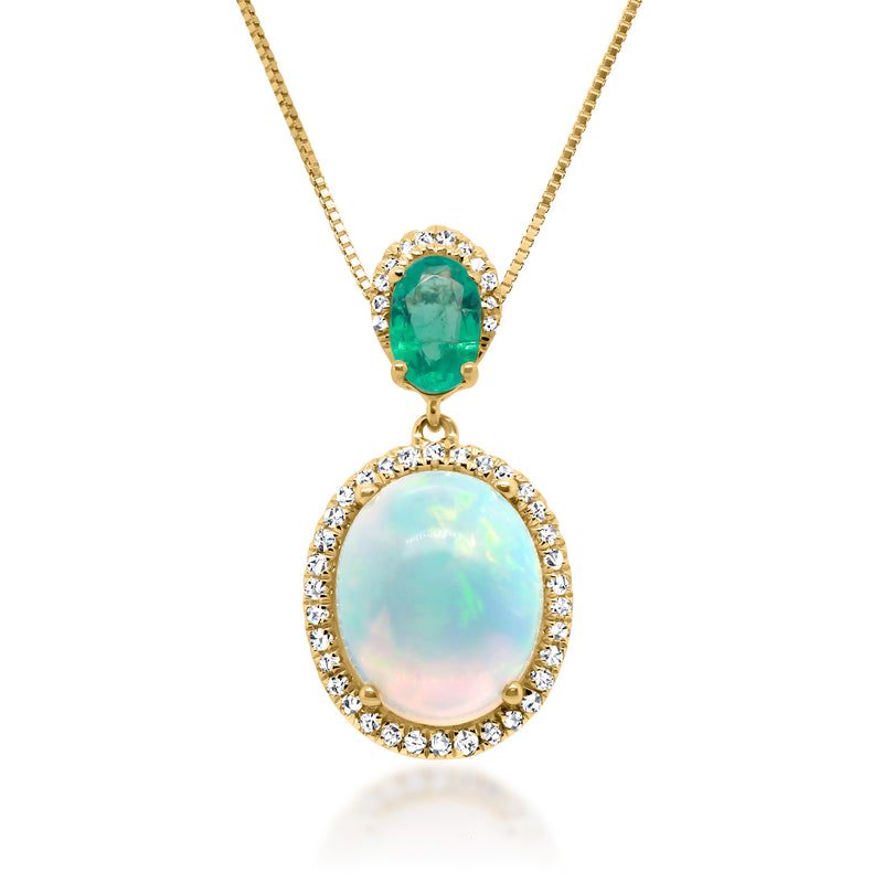 14k yellow gold pendant necklace with oval opal, green gemstone, diamond halo and chain