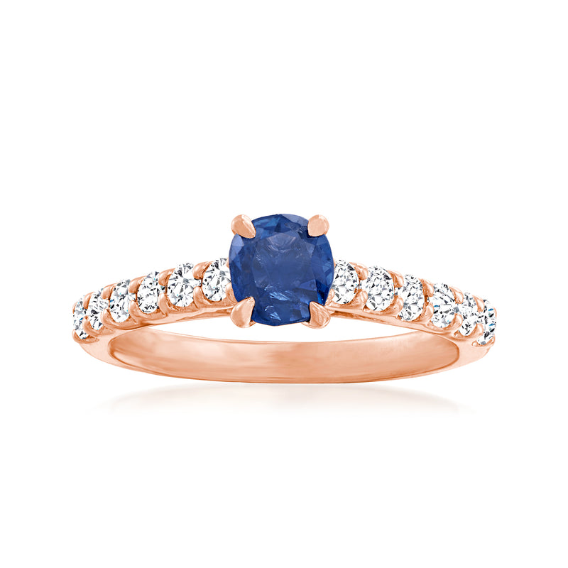 Vintage 14kt rose gold ring with oval blue sapphire center and diamond rows