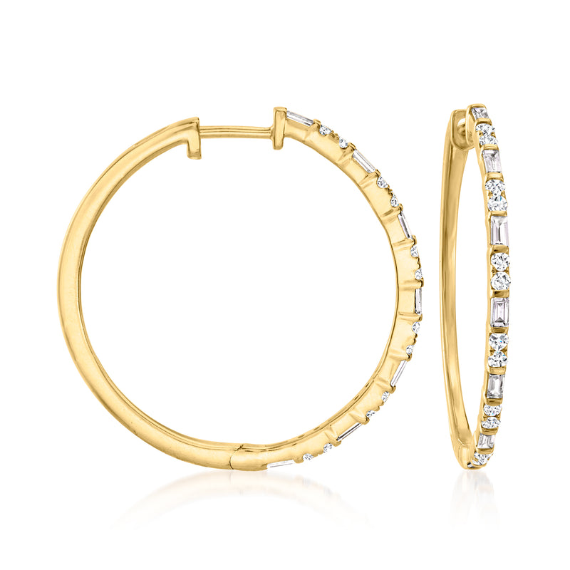 Diamond hoop earrings in gold over sterling, half-set with round and baguette stones