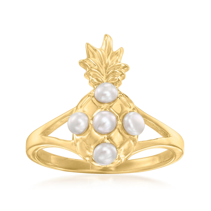 Gold pineapple motif ring with five round cultured pearls on the top