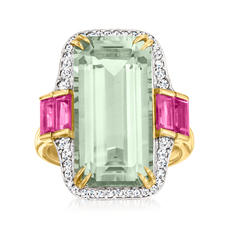 Gold ring with rectangular prasiolite center, pink rhodolite sides, white zircon halo