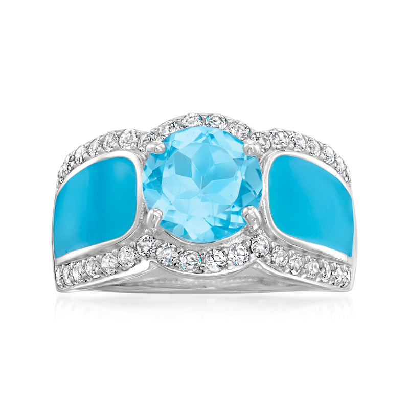 Sterling silver ring with oval sky blue topaz center, blue enamel shoulders, diamond accents