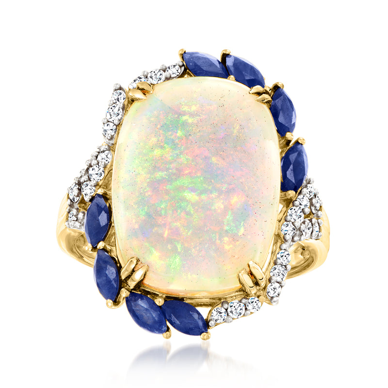 Oval Ethiopian opal center ring with blue sapphire accents, diamond halo, 14kt yellow gold