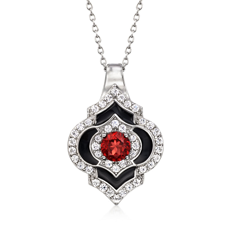 Sterling silver pendant necklace with red garnet center, black enamel and clear stones