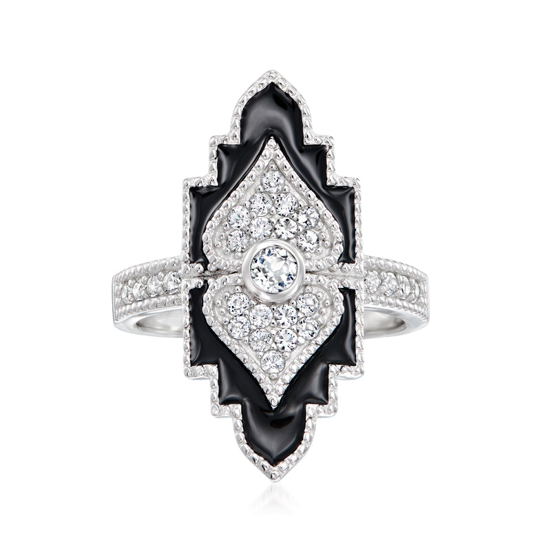 Art Deco sterling silver ring with black enamel accents and white gemstone halo