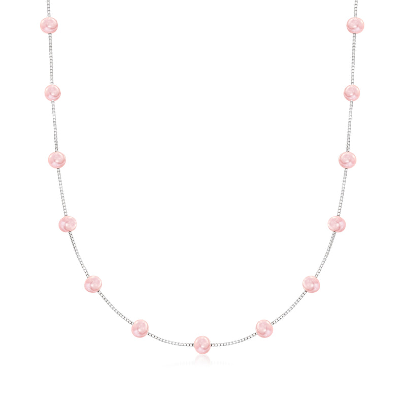 Pink cultured pearl station necklace with sterling silver chain