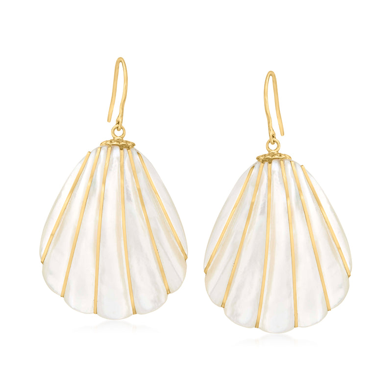 14kt yellow gold earwire seashell drop earrings with iridescent mother-of-pearl scallop