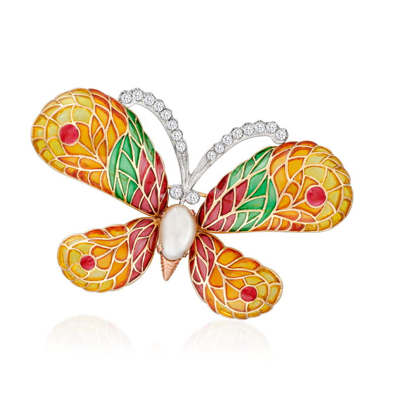 18kt yellow gold butterfly pin with multicolored enamel, diamond accents, and pearl center