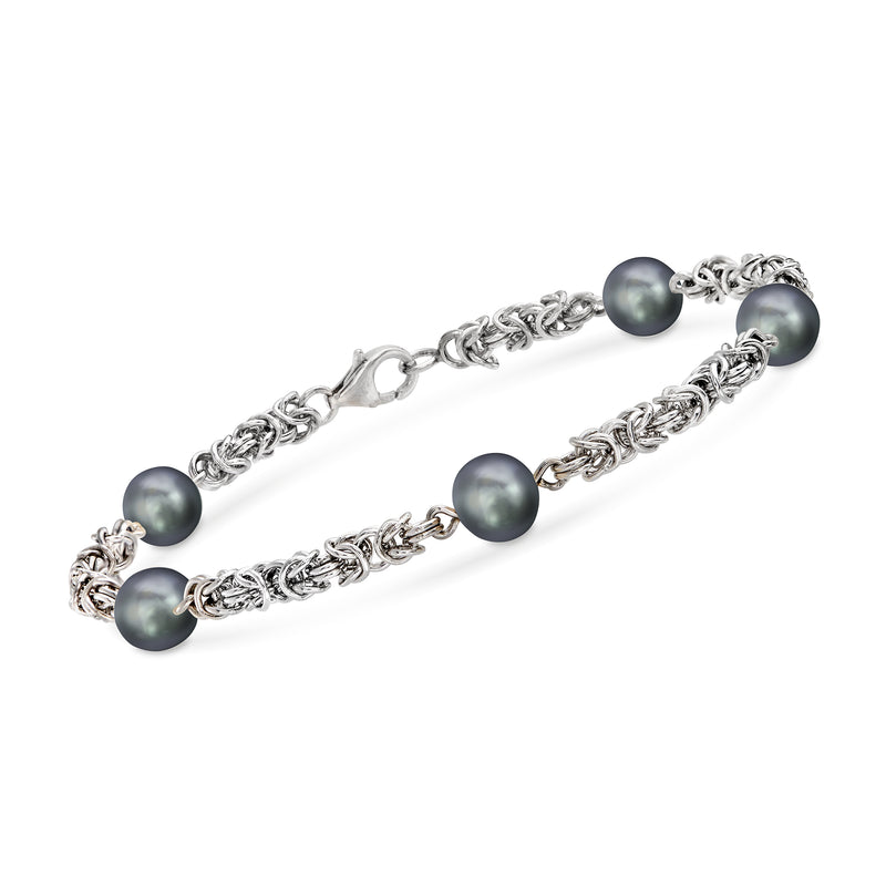 Sterling silver Byzantine bracelet with dark gray cultured pearls, link chain design
