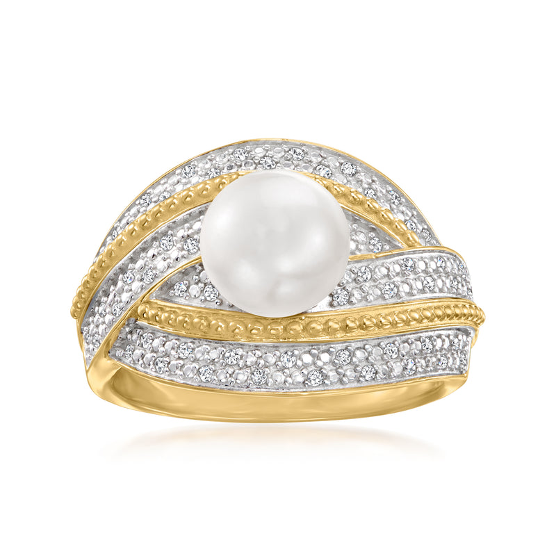Cultured pearl and diamond ring in gold over sterling, with ribbed band