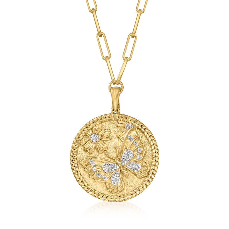18kt gold over sterling butterfly medallion pendant necklace with round diamond accents