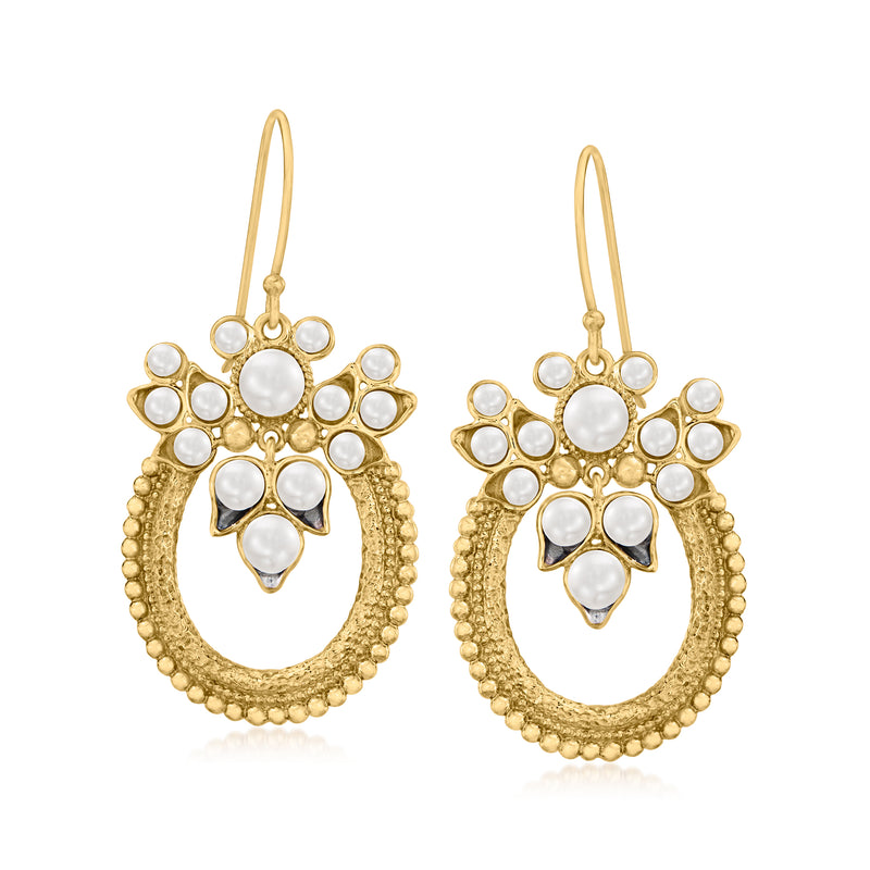 Gold over sterling drop earrings with clustered white cultured pearls and teardrop stones