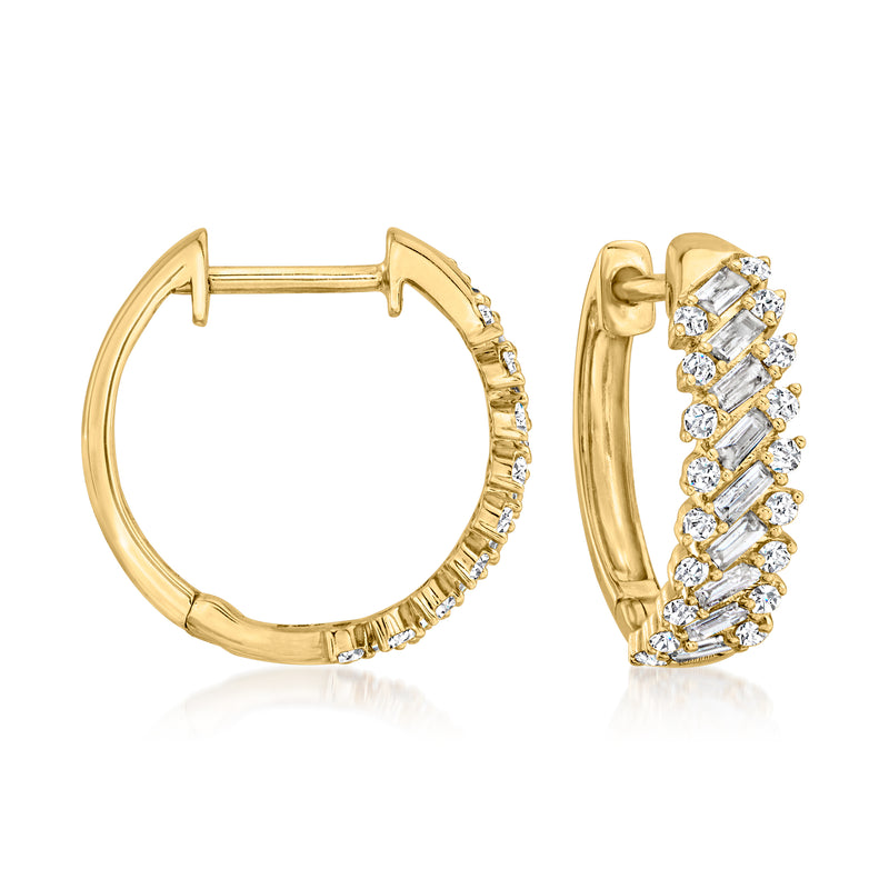14kt yellow gold diamond huggie hoop earrings with baguette and round stones