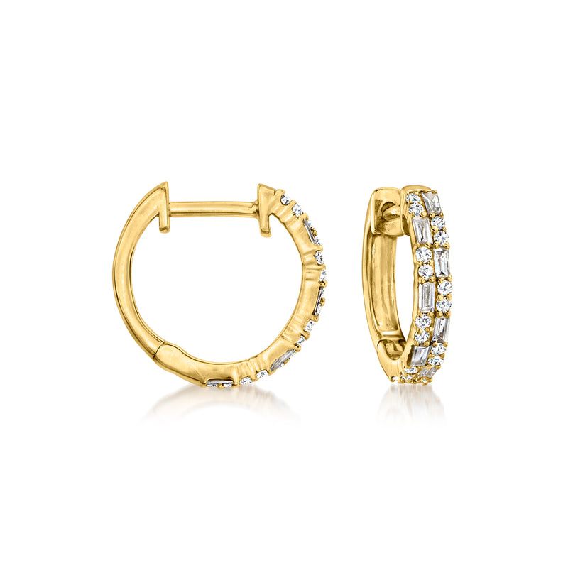 14kt yellow gold baguette and round diamond huggie hoop earrings
