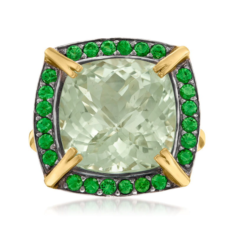 18kt gold over sterling ring with large pale green cushion prasiolite center and green stone halo