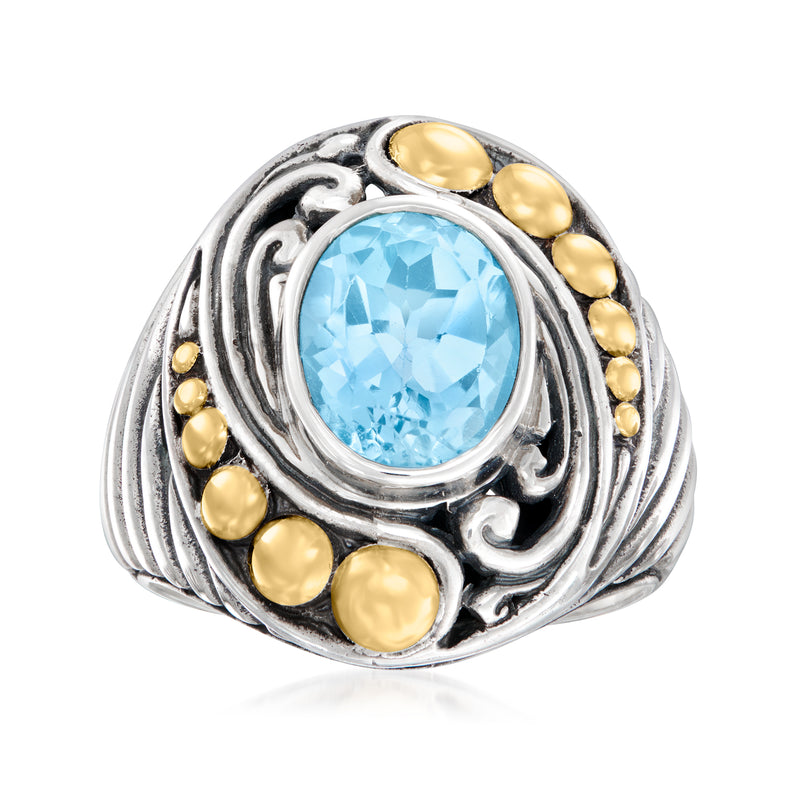 Bali-style sterling silver ring, oval sky blue topaz with yellow gold accents