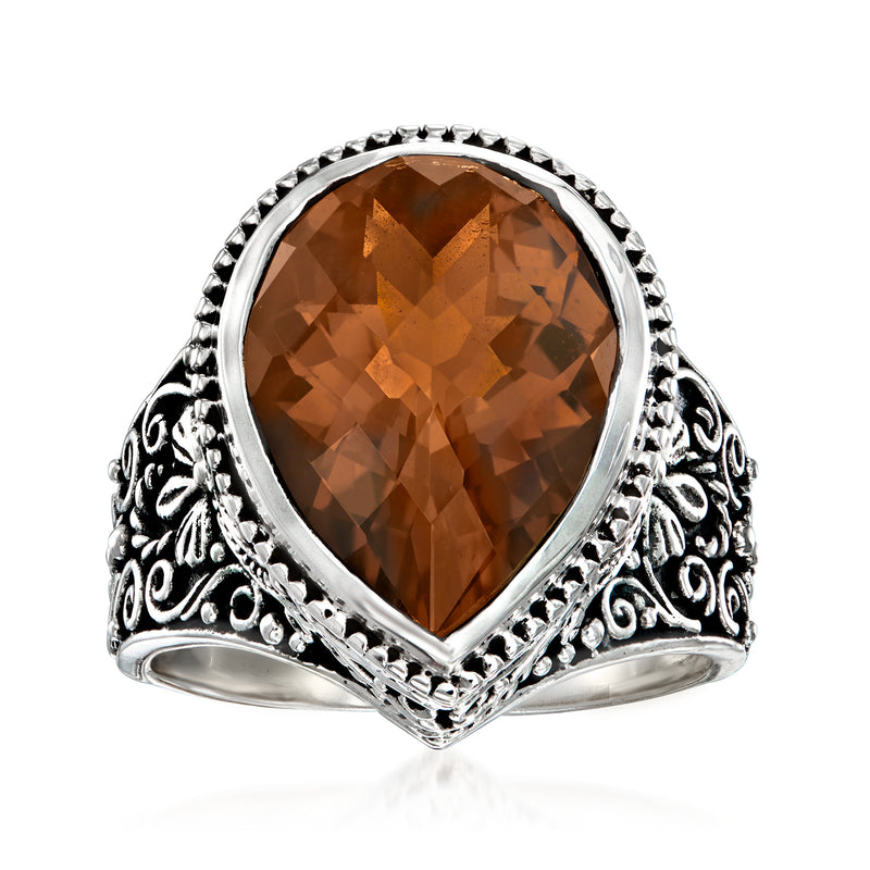 Bali-style sterling silver ring with large teardrop cognac quartz center stone