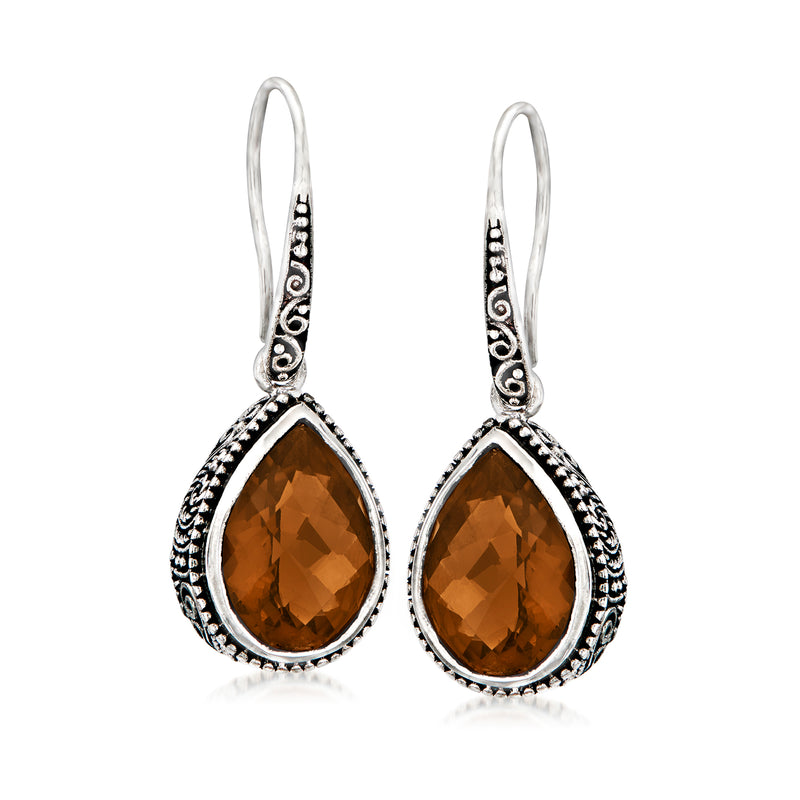 Sterling silver drop earrings with cognac teardrop quartz and ornate border