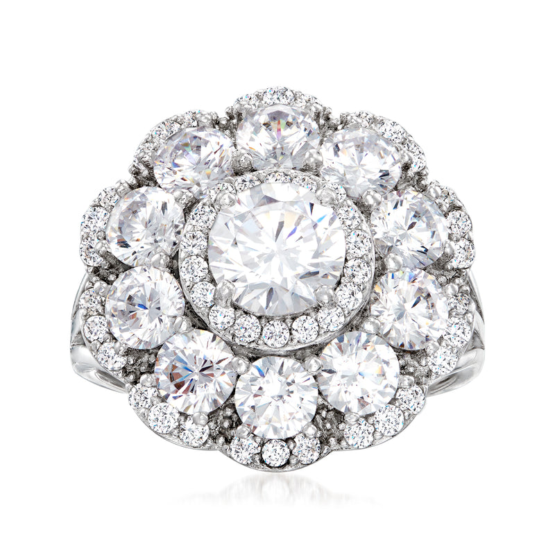Sterling silver CZ floral cluster ring with round clear stones, prong-set