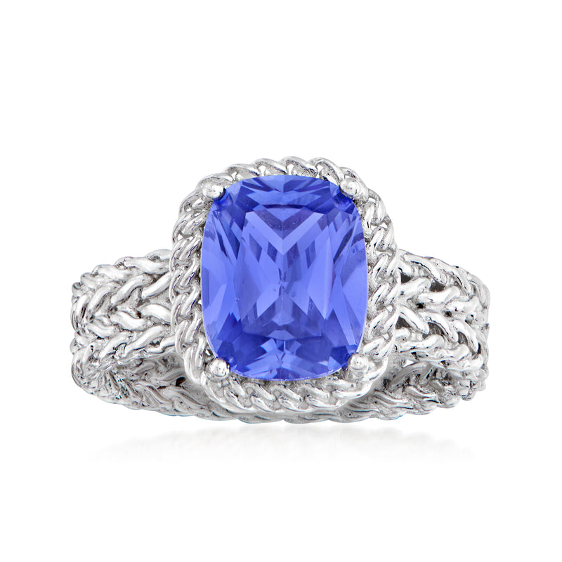 Sterling silver simulated tanzanite ring with oval blue stone and basketweave band