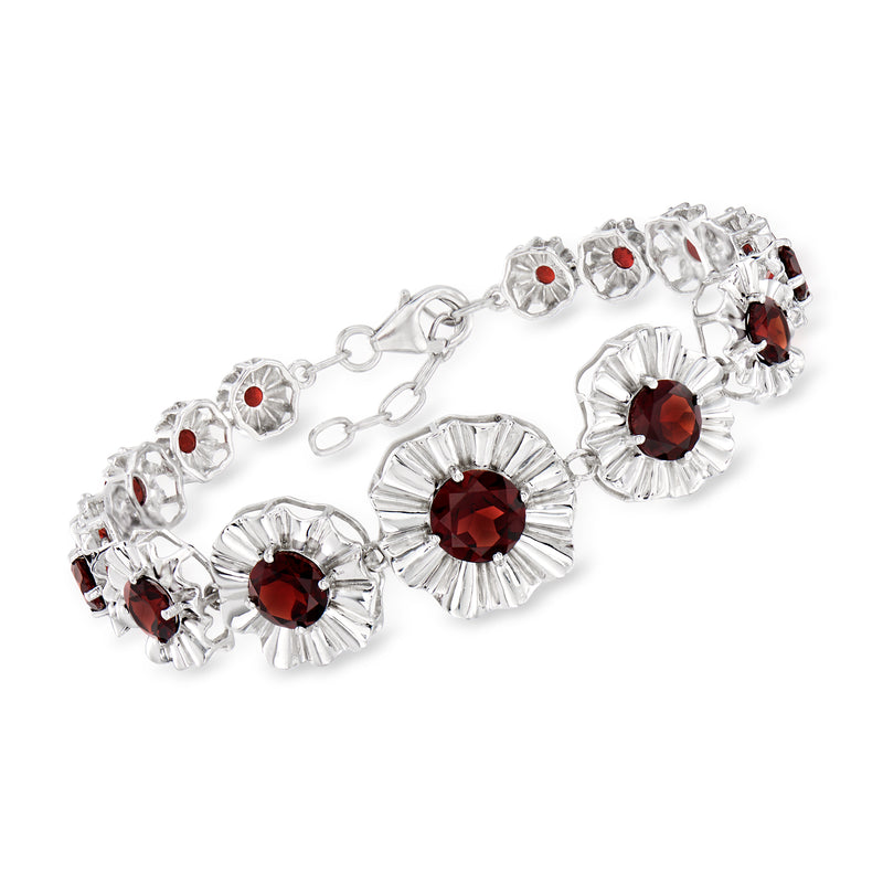 Sterling silver garnet flower bracelet with red round stones in scalloped settings