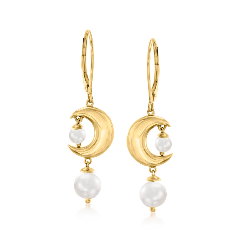 18kt gold over sterling leverback earrings with crescent moon and white cultured pearl dangles