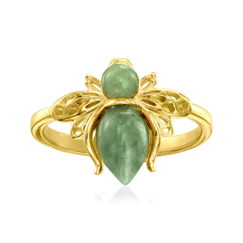 Gold-tone bee ring with two green jade cabochons on a slim band