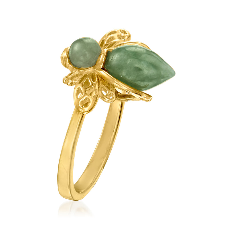Gold-tone bee ring with a large green jade cabochon and filigree details