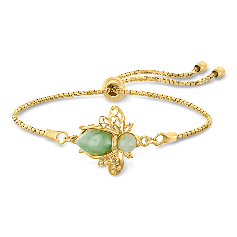Jade green bee charm bolo bracelet in gold-tone with adjustable slider ends