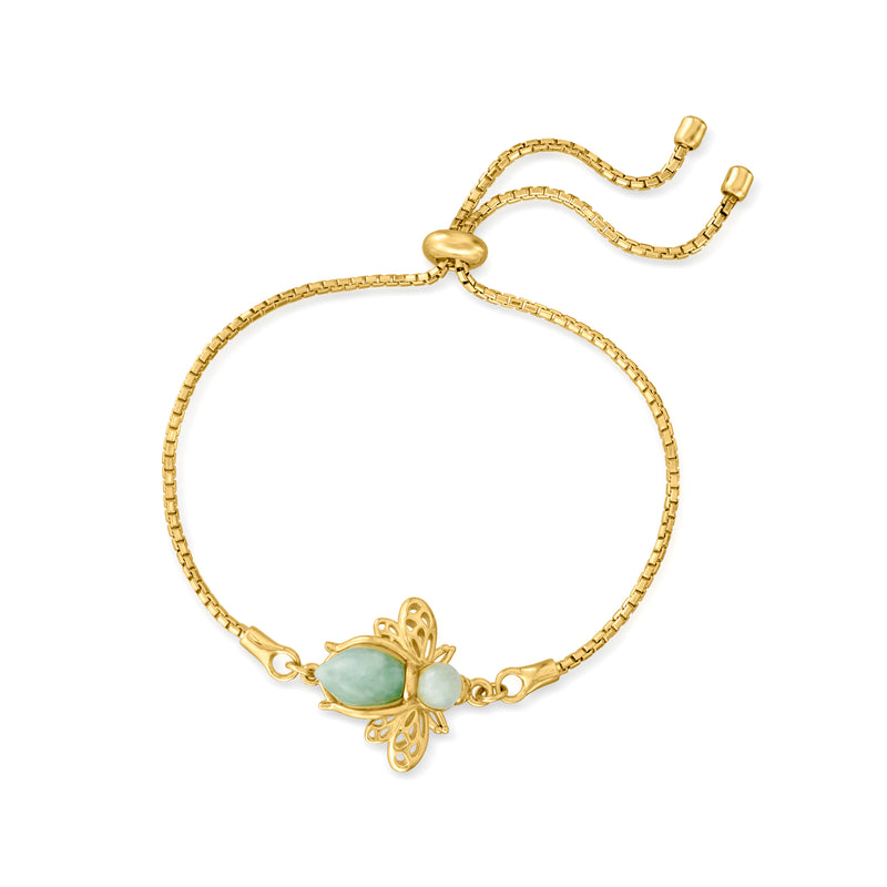 Gold-tone bolo bracelet with small bee charm and jade-style green accent, adjustable