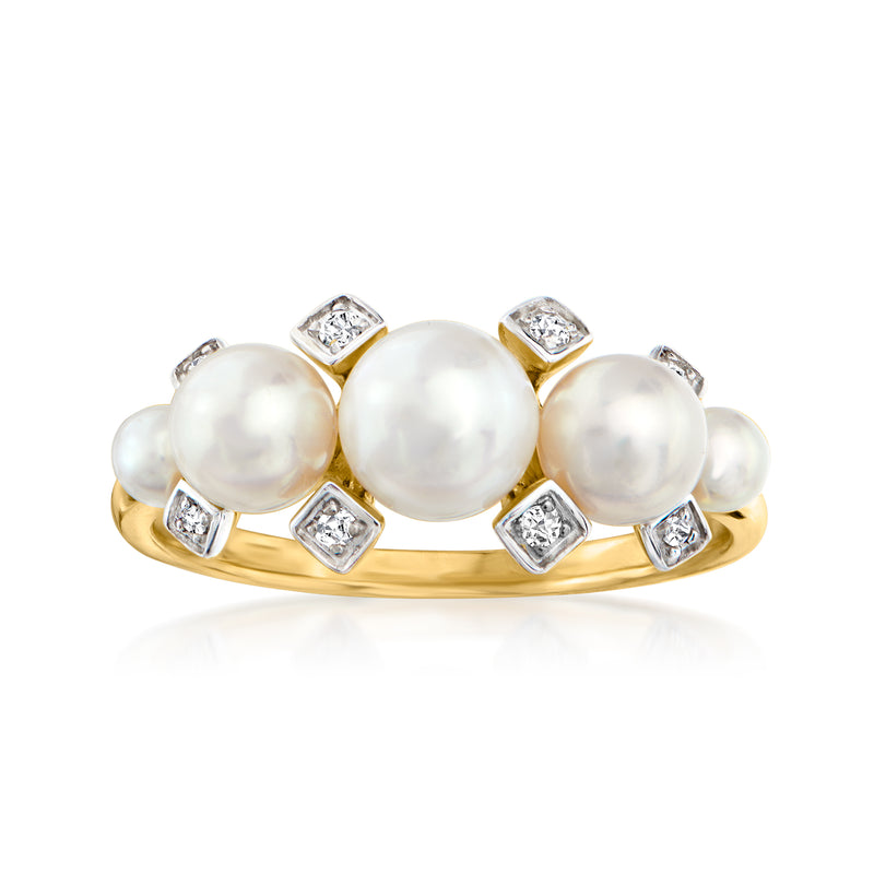 14kt yellow gold ring with three cultured pearls and diamond-accented bezel tops