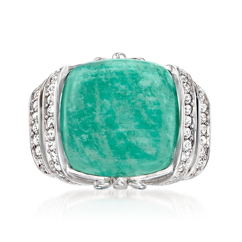 Sterling silver ring with rectangular green amazonite center and white zircon halos