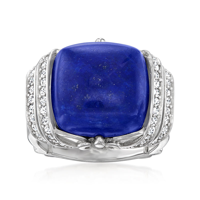 Sterling silver ring with square blue lapis cabochon and white zircon halo