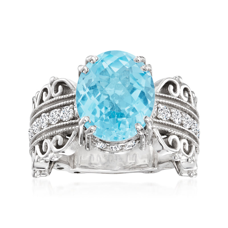 Oval sky-blue topaz ring in sterling silver with white zircon accents