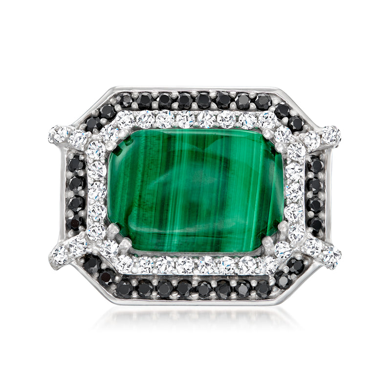 Sterling silver ring with green malachite center, white topaz halo, black spinel accents.