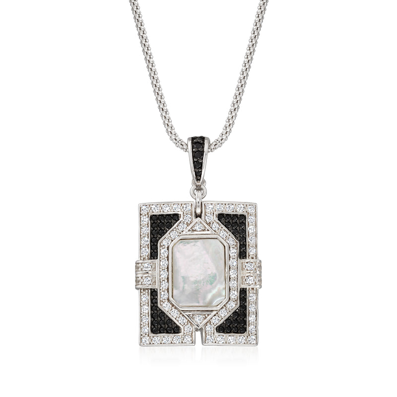Sterling silver pendant necklace with geometric square frame and mother-of-pearl center dark stones