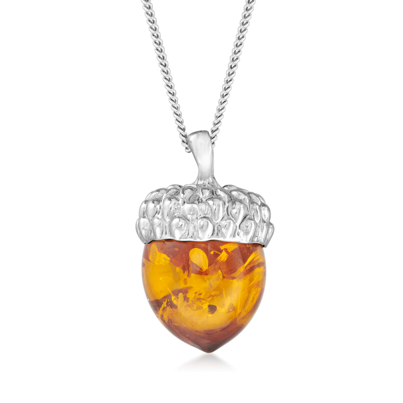 Sterling silver acorn pendant necklace with amber glass cabochon and faceted cap