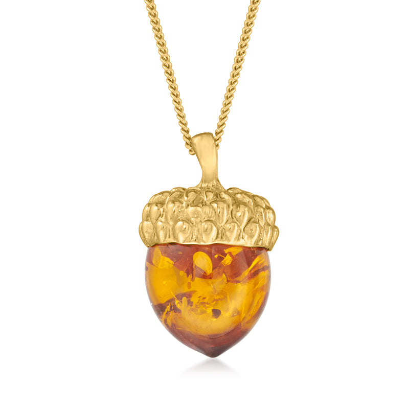 Amber acorn pendant necklace with gold-tone cap and amber resin acorn drop