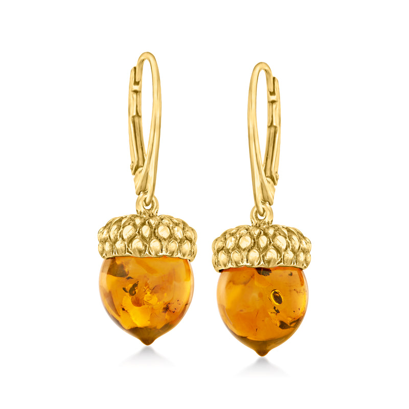 Gold over sterling leverback drop earrings with textured acorn cap and amber teardrop