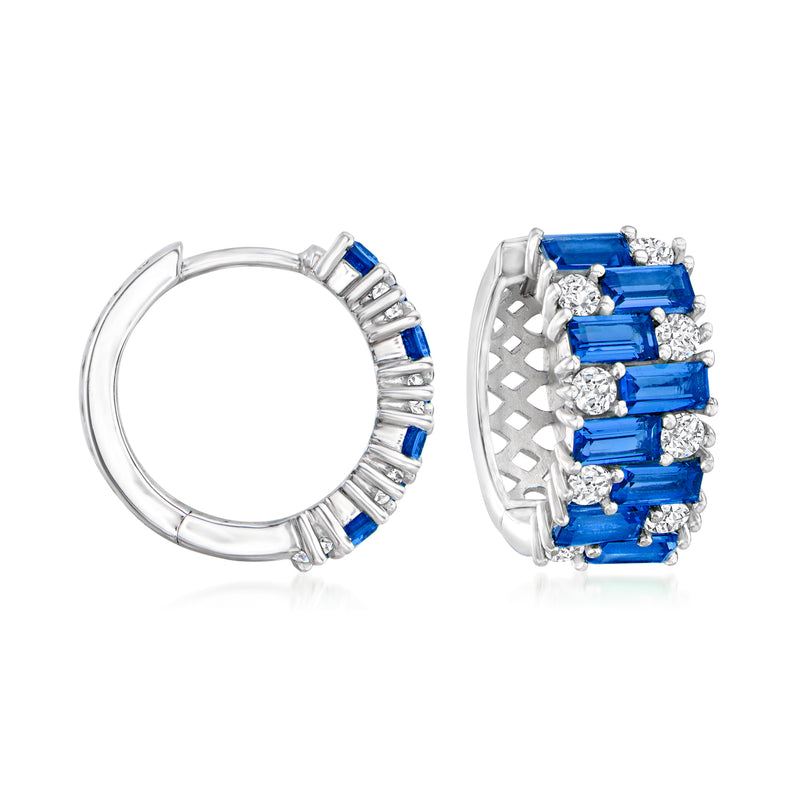 Sterling silver huggie hoop earrings with blue and clear baguette crystal clusters
