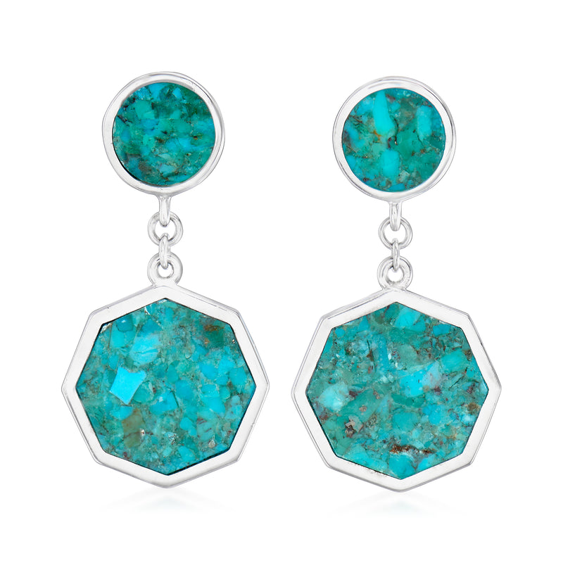 Turquoise drop earrings in sterling silver with round and hexagon stones