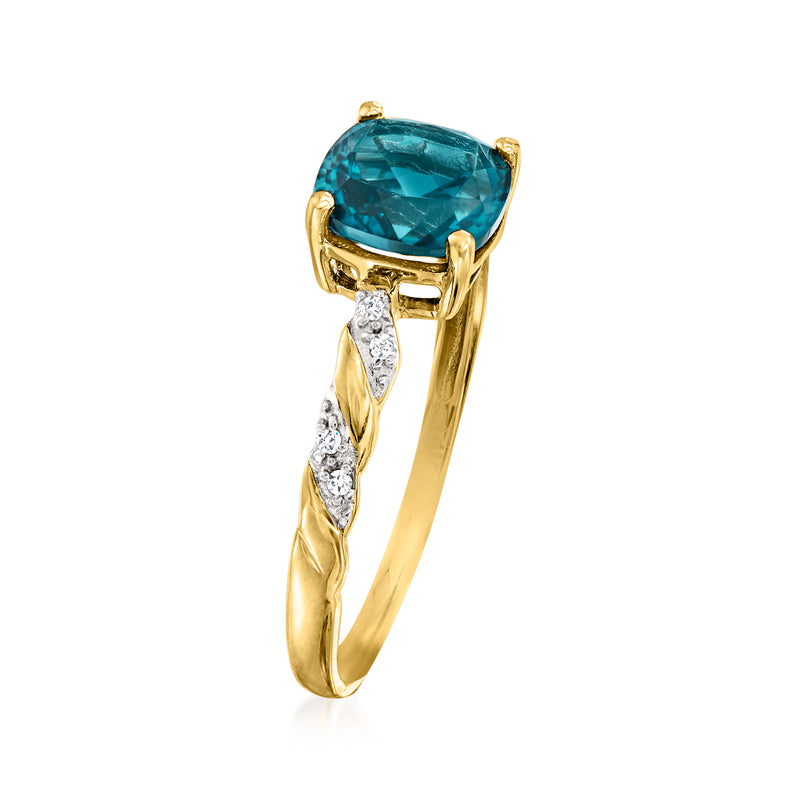 14kt yellow gold ring with oval London blue topaz and diamond-set side stones