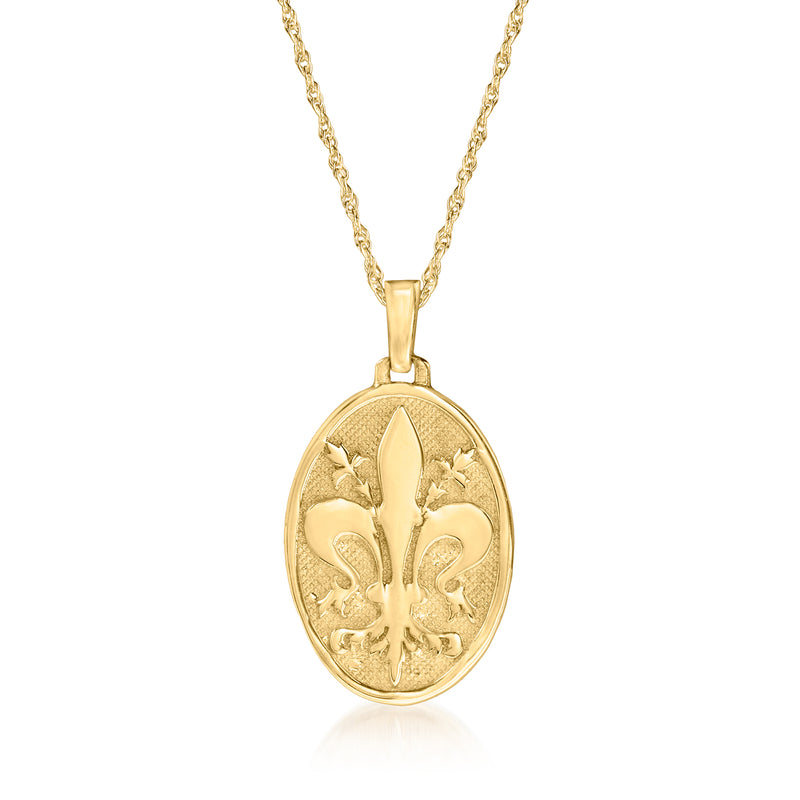 14kt yellow gold fleur-de-lis oval pendant on thin chain necklace