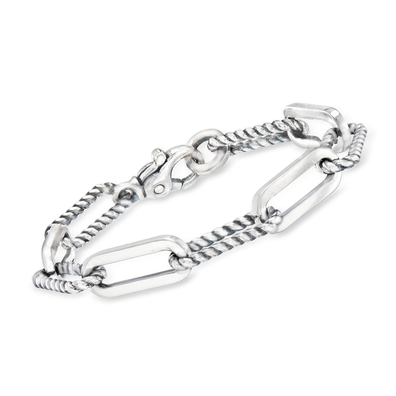 Sterling silver twisted-link paper clip bracelet with bar links and chain