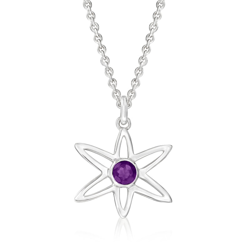 Sterling silver star pendant necklace with round purple amethyst gemstone