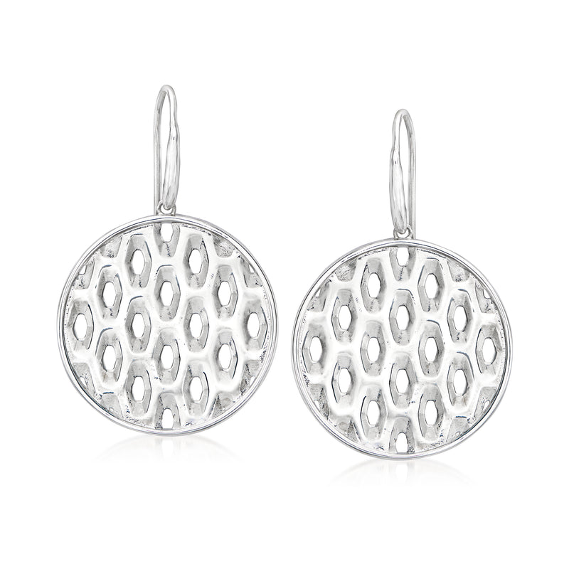 Sterling silver circle cut-out drop earrings with textured openwork pattern