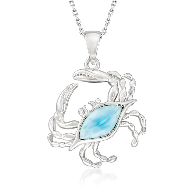 Sterling silver crab pendant necklace with light blue larimar gemstone in bezel setting