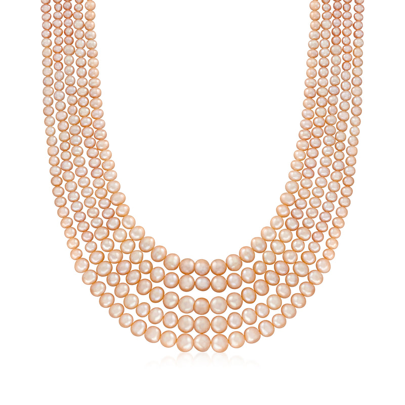 Pink cultured pearl five-strand layered necklace with small round bead strands
